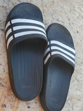 adidas Black with White Three-Stripe Slide Sandals